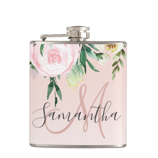 Modern Pastel Pink & Flowers With Name Hip Flask (Front)