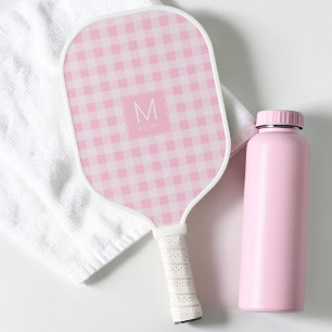 Modern Pastel Pink Gingham Monogram Established Pickleball Paddle
