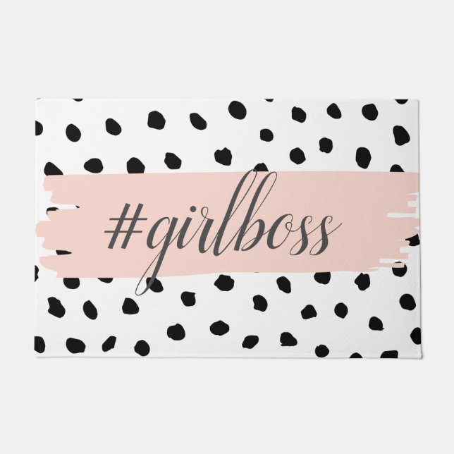 Modern Pastel Pink Girl Boss & Black Dots Doormat (Front)