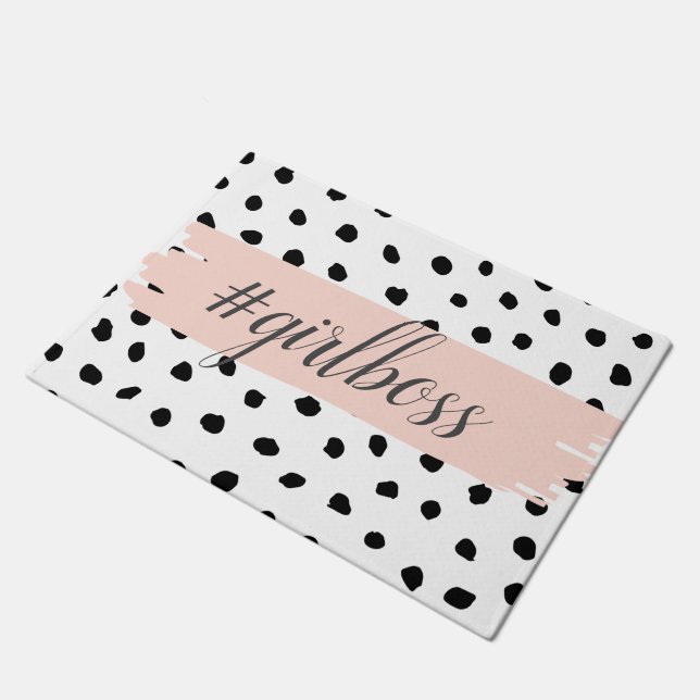 Modern Pastel Pink Girl Boss & Black Dots Doormat (Angled)