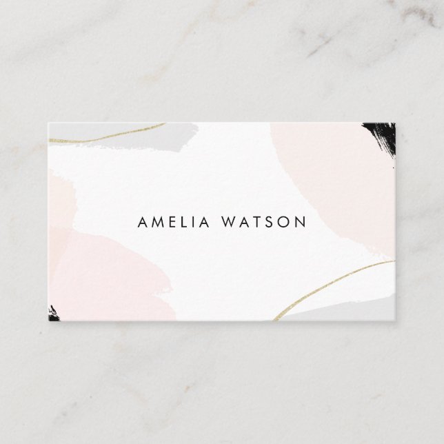 Modern Pastel Pink, Gold & Grey Brush Strokes Business Card (Front)