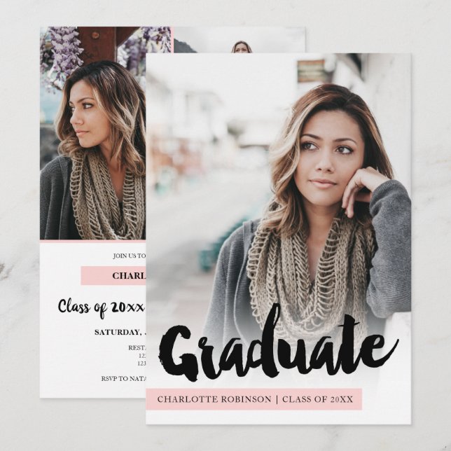 Modern pastel pink grad script 4 photos graduation invitation (Front/Back)