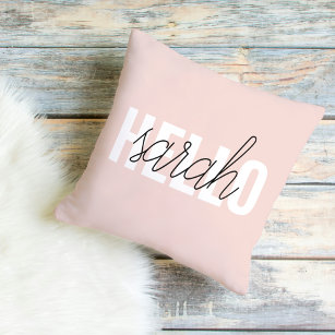 Modern Pastel Pink Hello And You Name Outdoor Pillow