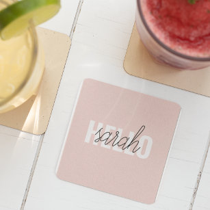 Modern Pastel Pink Hello And You Name Square Paper Coaster