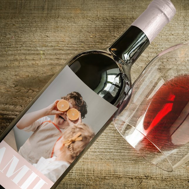 Modern Pastel Pink Love Family Photo Wine Label (Creator Uploaded)