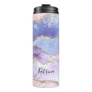 Modern Pastel Pink Purple Glitter Custom Name Thermal Tumbler
