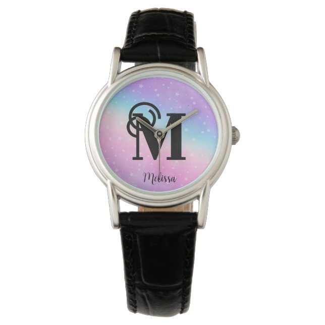 Modern Pastel Pink Purple Monogram Name Watch (Front)