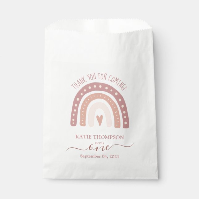 Modern Pastel Pink Rainbow Boho First Birthday Favour Bag (Front)