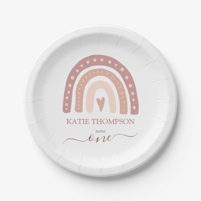 Modern Pastel Pink Rainbow Boho First Birthday Paper Plate (Front)