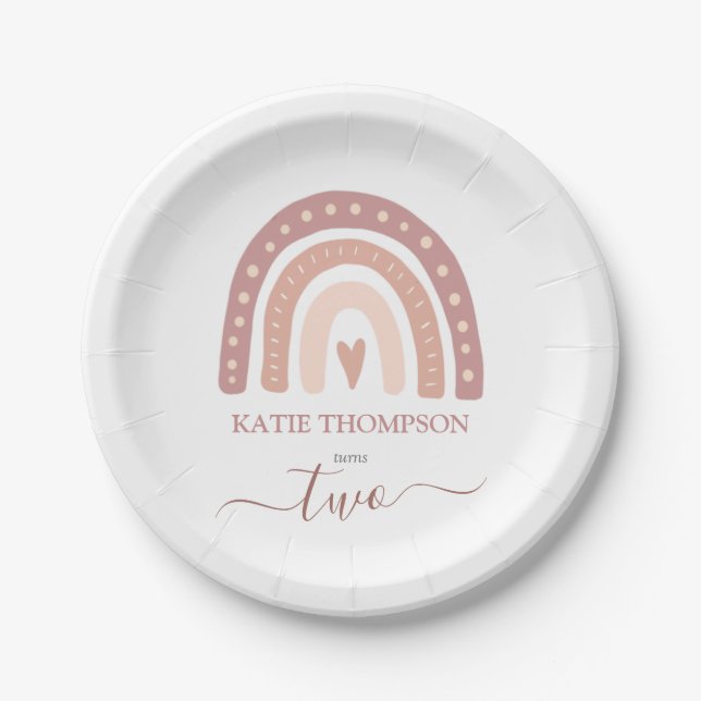 Modern Pastel Pink Rainbow Boho Second Birthday Paper Plate (Front)