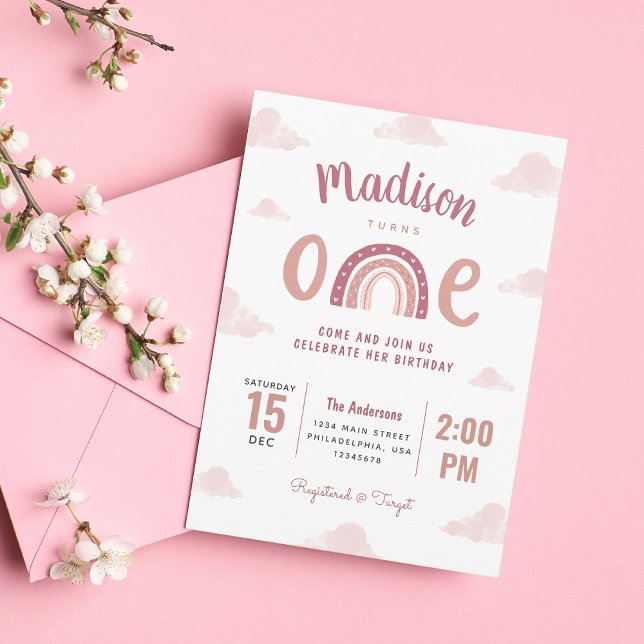 Modern Pastel Pink Rainbow Clouds First Birthday Invitation (Creator Uploaded)
