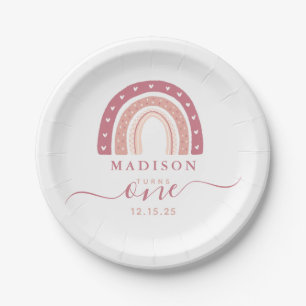 Modern Pastel Pink Rainbow First Birthday Paper Plate