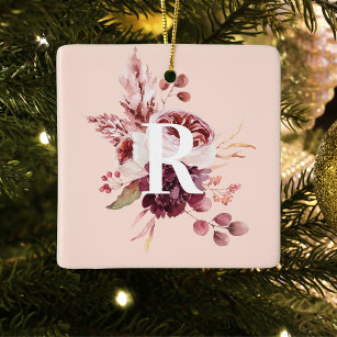 Modern Pastel Pink & Red Floral With Initial Ceramic Ornament