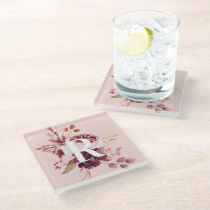 Modern Pastel Pink & Red Floral With Initial Glass Coaster