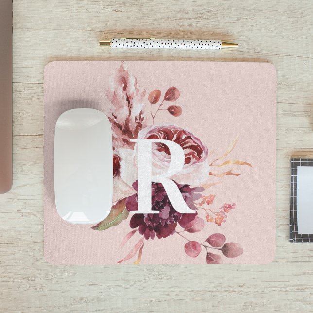Modern Pastel Pink & Red Floral With Initial Mouse Pad (Creator Uploaded)