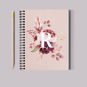 Modern Pastel Pink & Red Floral With Initial Notebook