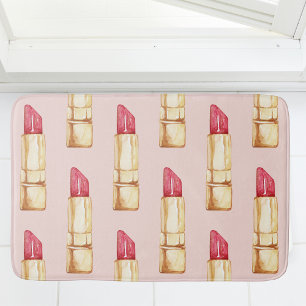 Modern Pastel Pink & Red Lipstick Pattern Girly Bath Mat