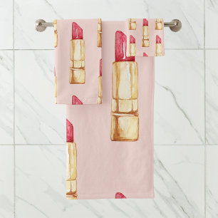 Modern Pastel Pink & Red Lipstick Pattern Girly Bath Towel Set