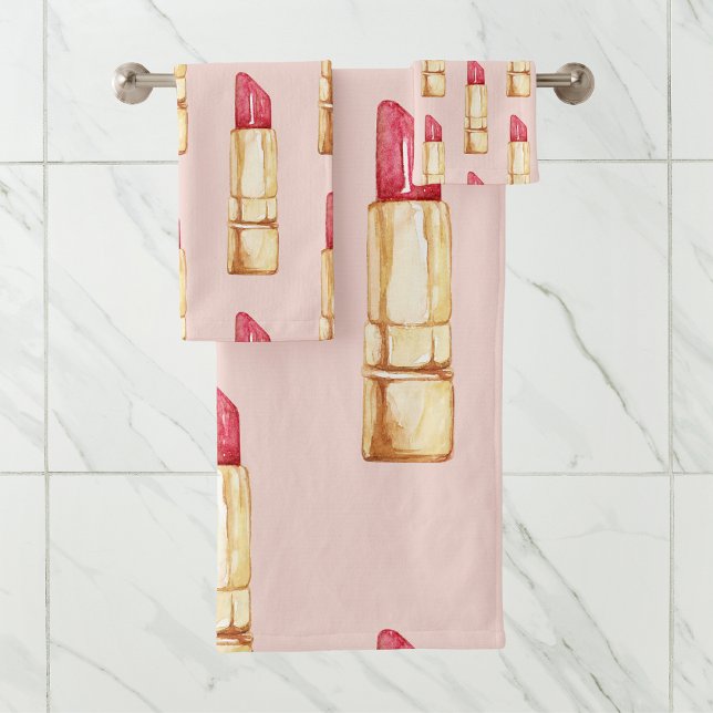 Modern Pastel Pink & Red Lipstick Pattern Girly Bath Towel Set (Creator Uploaded)