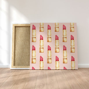 Modern Pastel Pink & Red Lipstick Pattern Girly Canvas Print