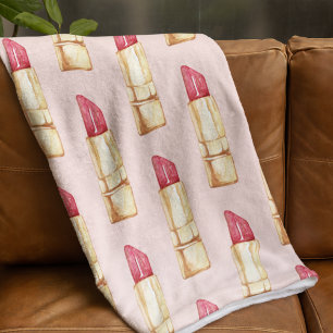 Modern Pastel Pink & Red Lipstick Pattern Girly Fleece Blanket