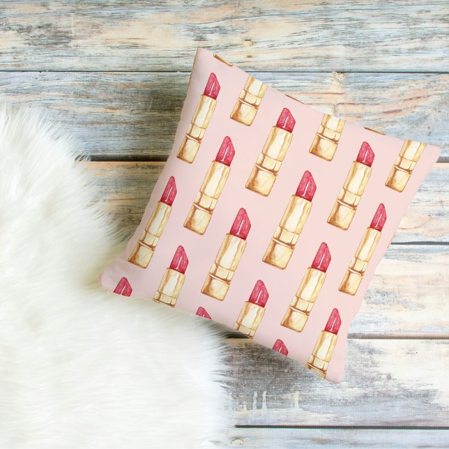 Modern Pastel Pink & Red Lipstick Pattern Girly Outdoor Pillow (Creator Uploaded)