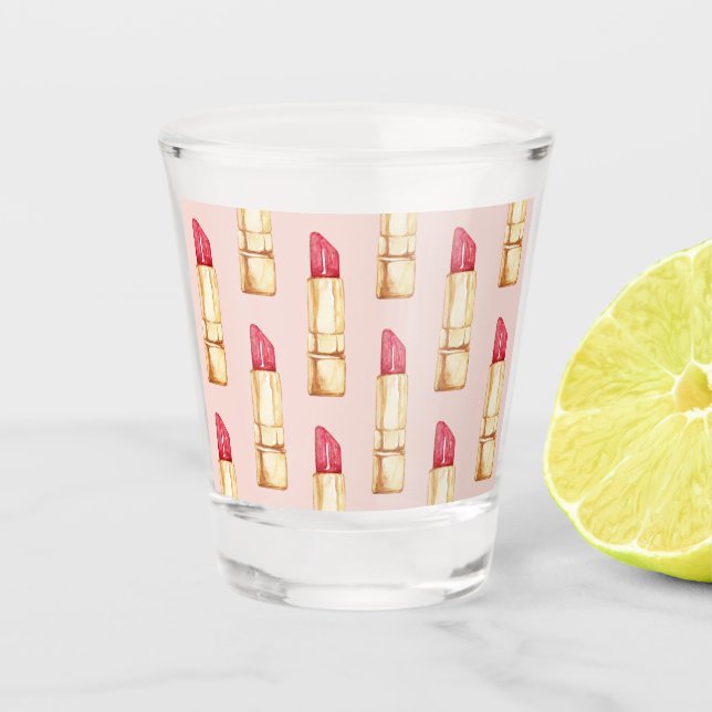 Modern Pastel Pink & Red Lipstick Pattern Girly Shot Glass (Front)
