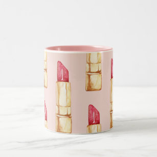 Modern Pastel Pink & Red Lipstick Pattern Girly Two-Tone Coffee Mug