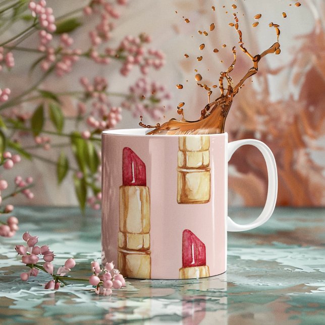 Modern Pastel Pink & Red Lipstick Pattern Girly Two-Tone Coffee Mug (Creator Uploaded)