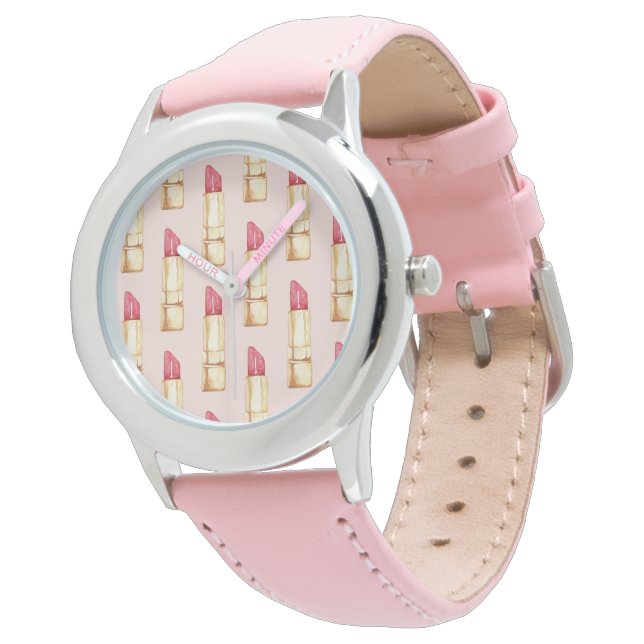 Modern Pastel Pink & Red Lipstick Pattern Girly Watch (Angled)