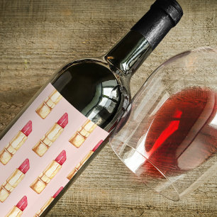 Modern Pastel Pink & Red Lipstick Pattern Girly Wine Label