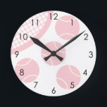 Modern Pastel Pink Tennis Ball Racket Round Clock<br><div class="desc">Minimalist feminine tennis themed design in pastel pink. Pastel pink tennis balls and racket design themed gifts for a tennis player.</div>