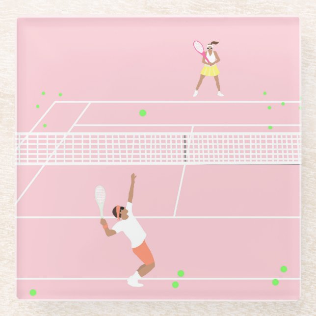 Modern Pastel Pink Tennis Match Glass Coaster (Front)