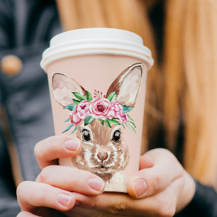 Modern Pastel Pink Watercolor Bunny With Flowers  Paper Cups