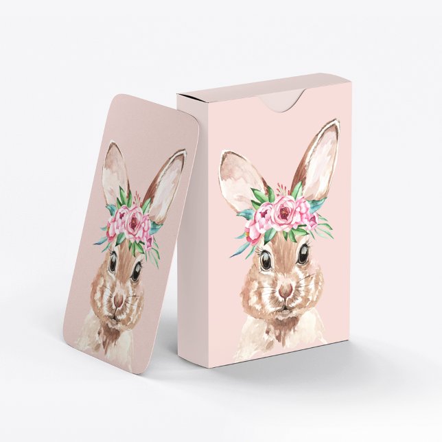 Modern Pastel Pink Watercolor Bunny With Flowers  Playing Cards (Creator Uploaded)