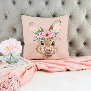 Modern Pastel Pink Watercolor Bunny With Flowers Throw Pillow