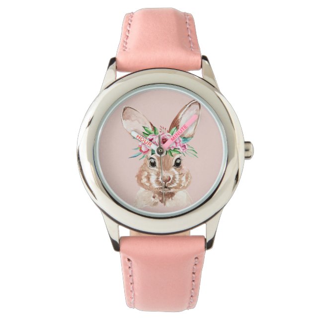 Modern Pastel Pink Watercolor Bunny With Flowers  Watch (Front)