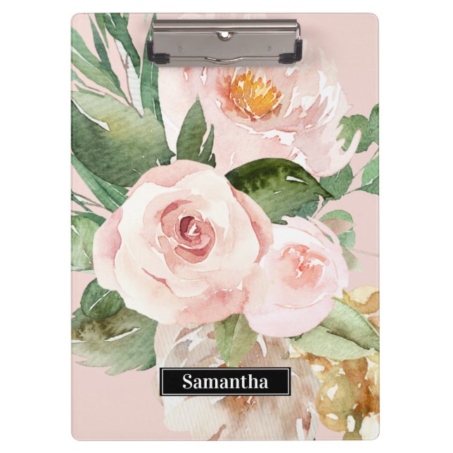 Modern Pastel Pink Watercolor Flowers & Name Clipboard (Front)