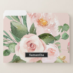Modern Pastel Pink Watercolor Flowers & Name File Folder