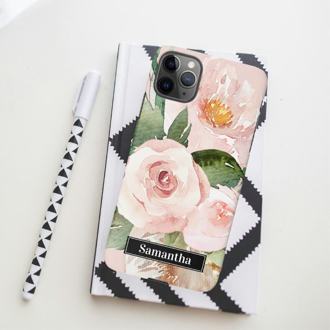 Modern Pastel Pink Watercolor Flowers & Name iPhone Case (Creator Uploaded)