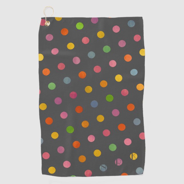 Modern Pastel Polka Dots Charcoal Grey Monogrammed Golf Towel (Front)