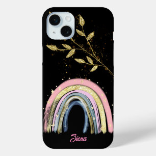 Modern Pastel Rainbow And Gold leaves Custom Name  iPhone 15 Mini Case