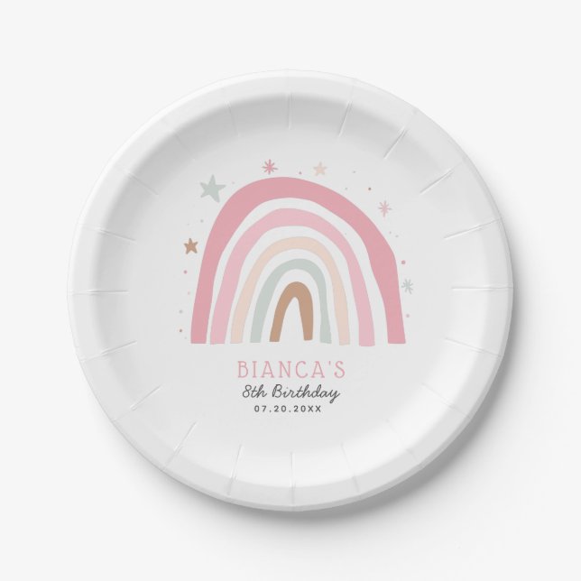 Modern Pastel Rainbow Girls Birthday Party Paper Plate (Front)