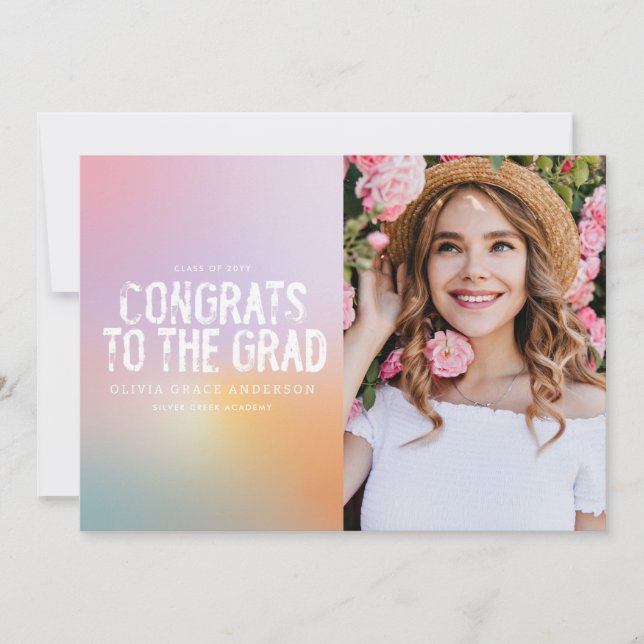 Modern pastel rainbow pink girly photo graduatio invitation (Front)
