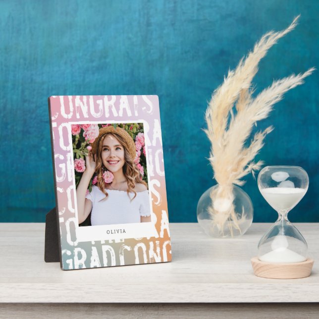 Modern pastel rainbow pink girly photo graduation plaque (Side)