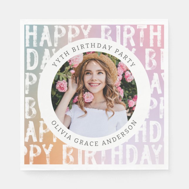 Modern pastel rainbow pink photo birthday party napkin (Front)