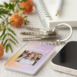 Modern pastel rainbow pink photo graduation party keychain