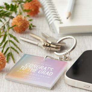 Modern pastel rainbow pink photo graduation party keychain