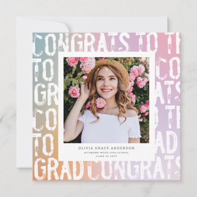 Modern pastel rainbow pink teal photo graduation invitation (Front)