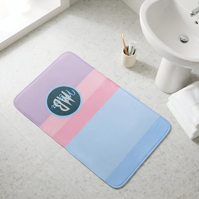 Modern Pastel Stripe Pink & Blue Personalized Bath Mat (Creator Uploaded)